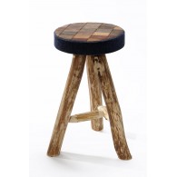 Saloon tabouret en bois d'eucalyptus avec une assise en étiquettes de jeans recyclées - Taille XL